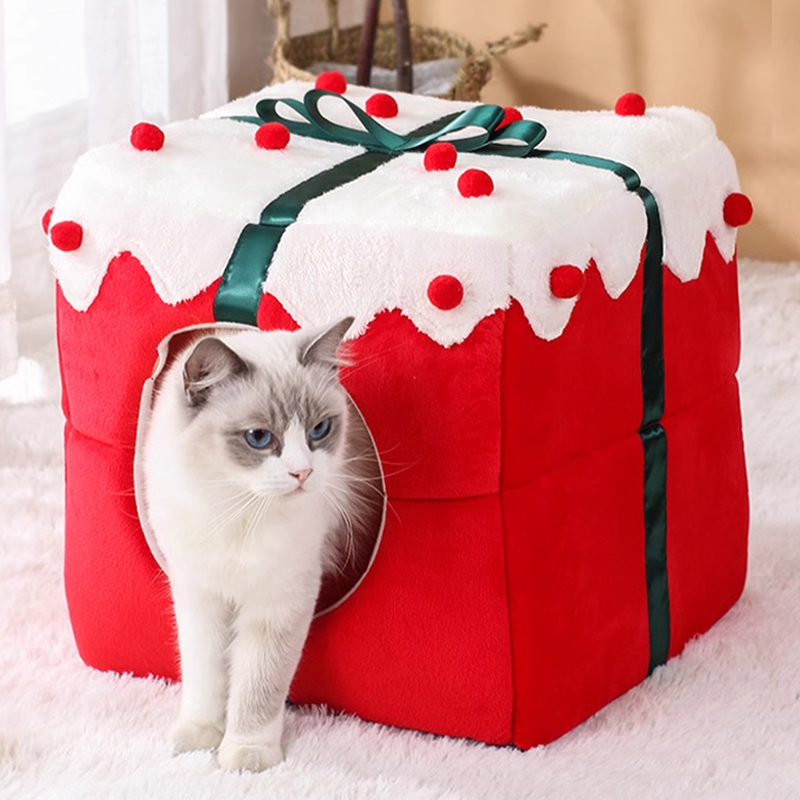 Christmas Gift Box Cat Bed Winter Warm Cave