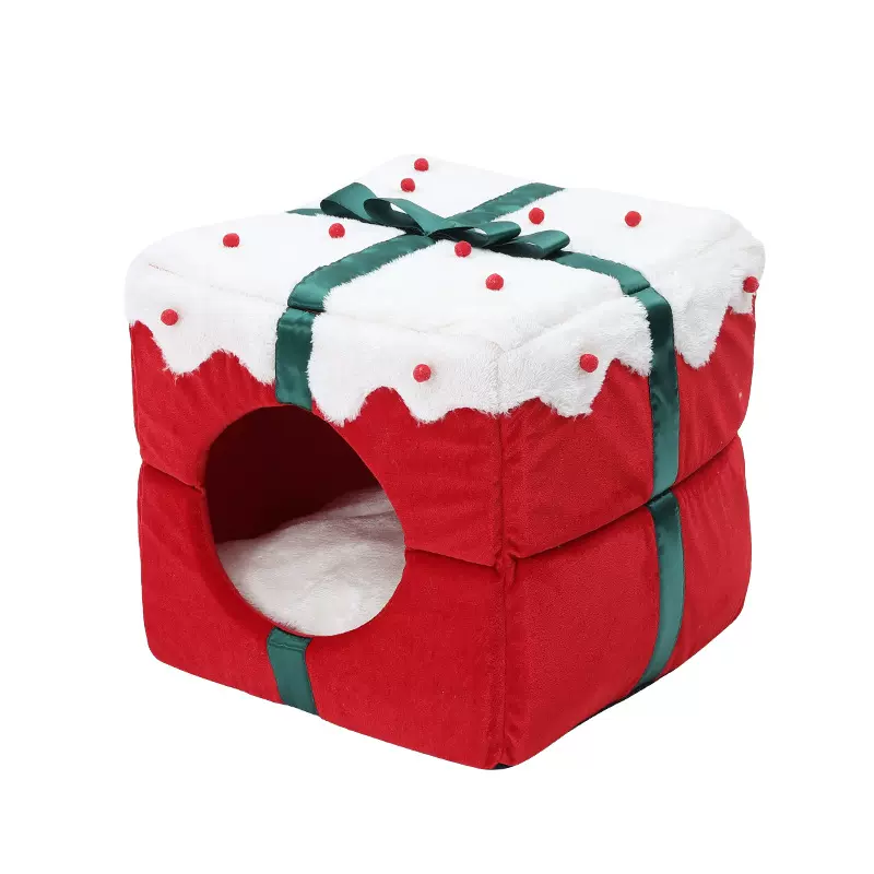 Christmas Gift Box Cat Bed Winter Warm Cave