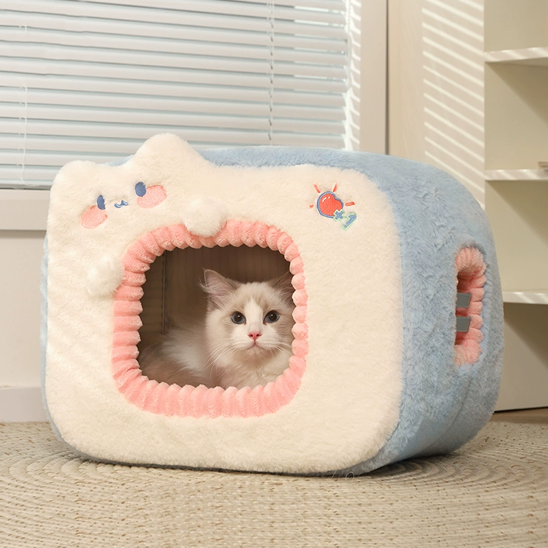 Cute Cartoon Cat Bed with Removable Washable Cushioned Pillow, 2 Color Cat Bed Cave