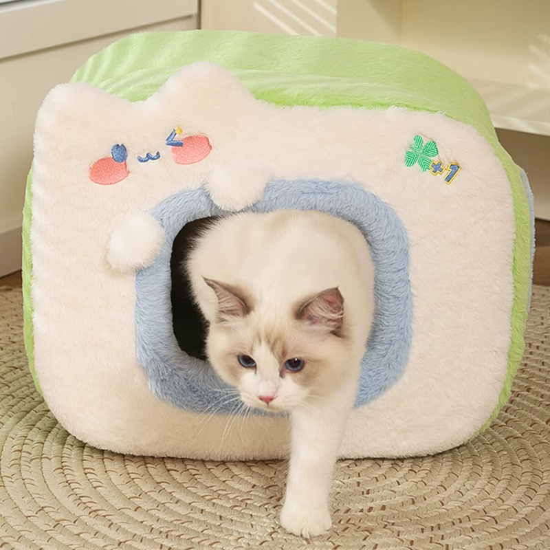 Cute Cartoon Cat Bed with Removable Washable Cushioned Pillow, 2 Color Cat Bed Cave