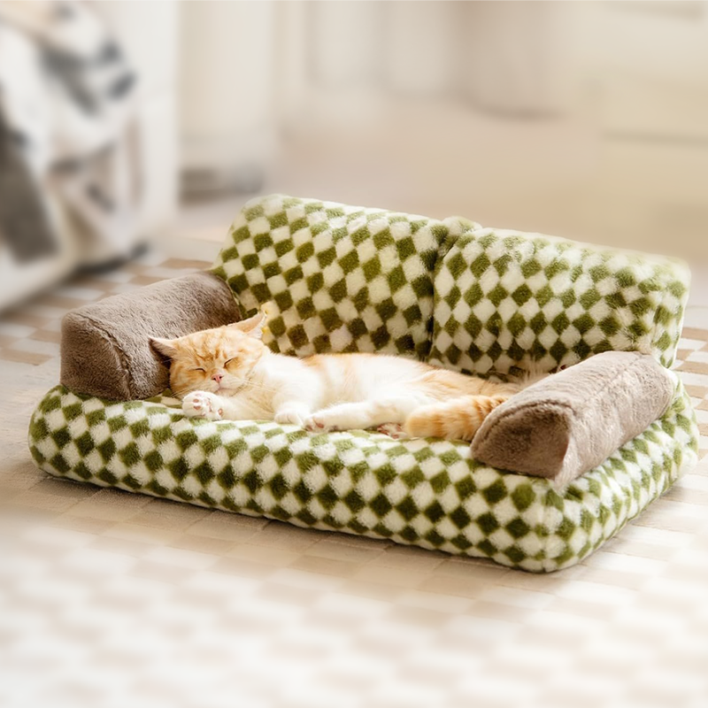 New Large Retro Diamond Grid Cat Bed Fluffy Couch Sofa