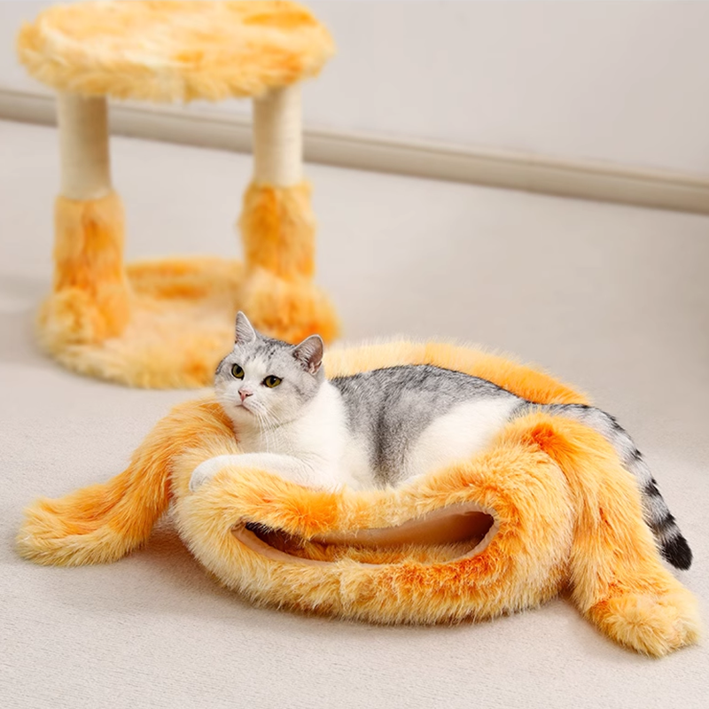 Monster Cat tree Cat Climbing Frame yellow, Plush Cute Cat Tree Tower for Indoor Cat