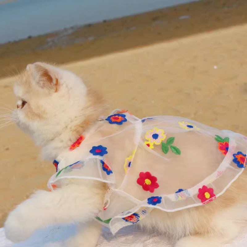 flower embroidery Cute Cat Vest embroidery cat dress