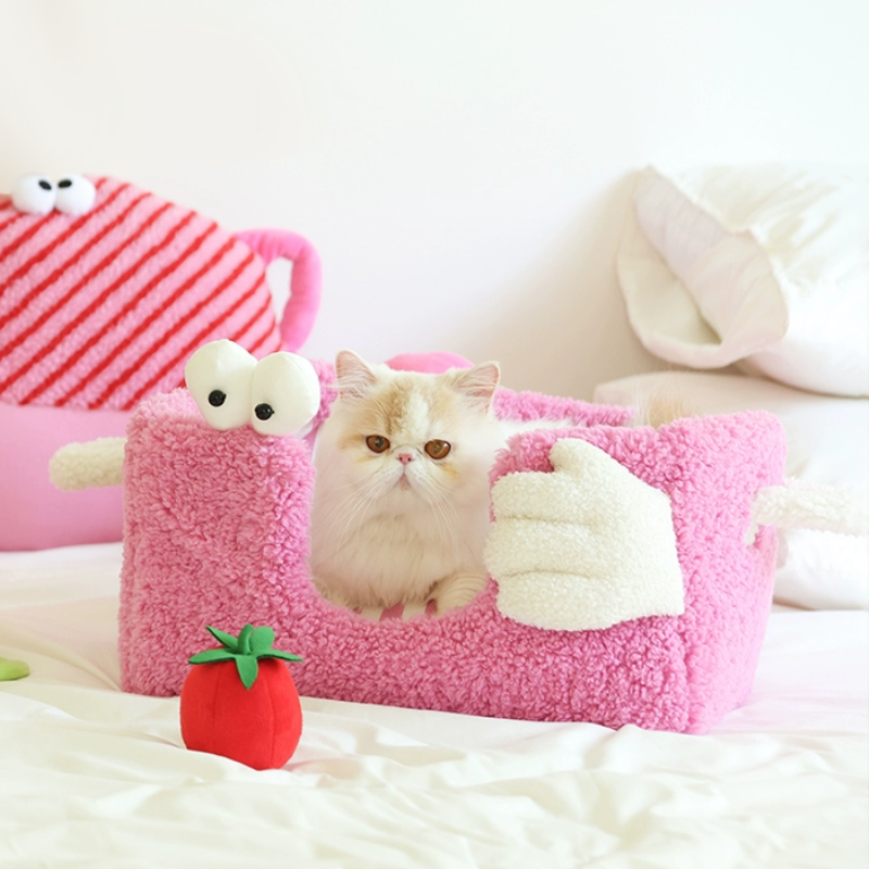 Little Monster Cat Beds Coral Fleece Beds Soft Pet Cushion, Pink Sherpa Fabric