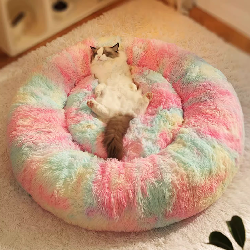 Rainbow Cat Beds for Indoor Cats， Fluffy Round Removable Cat Bedt